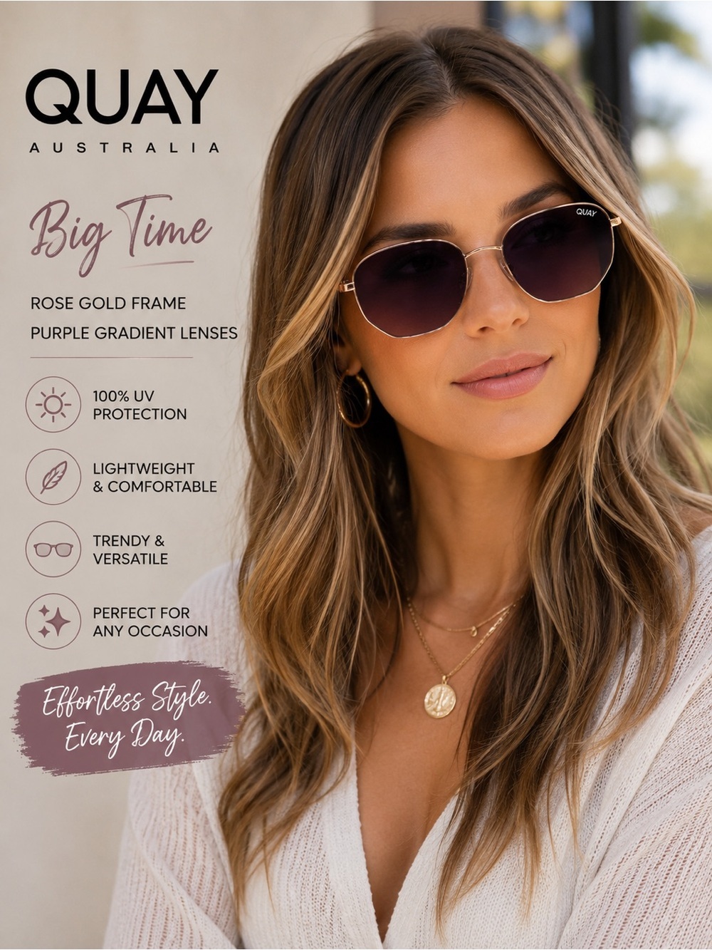 Quay Australia Big Time Sunglasses Rose Gold Frame Gradient Lenses